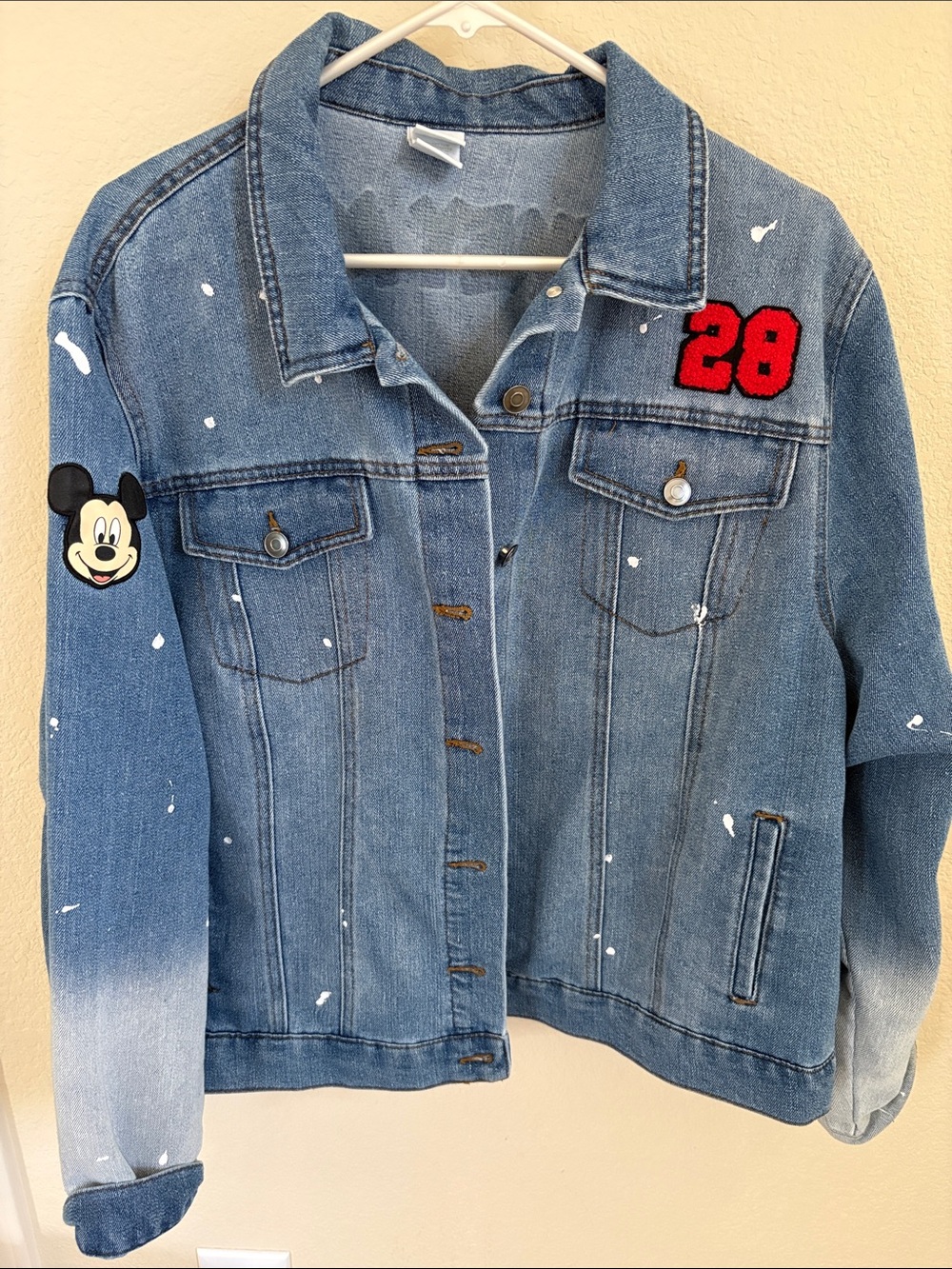 Disney Denim Jacket in Blue with Red '28' Patch and Mickey Accent